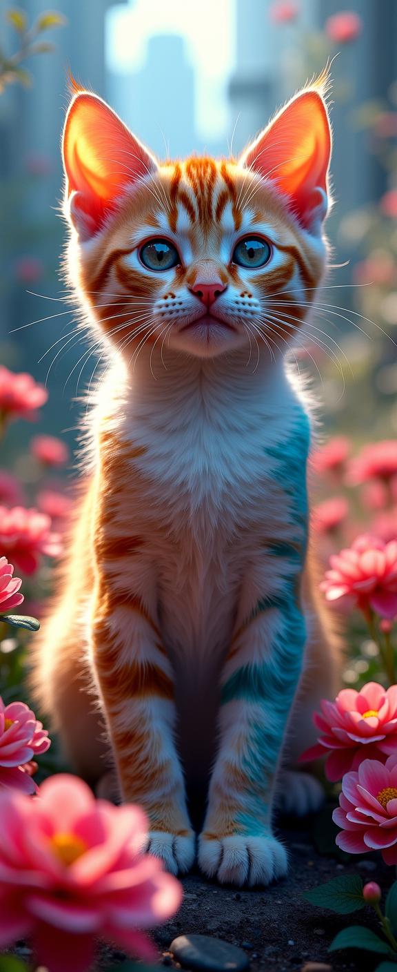 designed by Alex Grey and David Mann , photograph, hyper detailed, upper body shot of a Elegant Efficacious Gradient and Colorful Exotic Shorthair Kitten