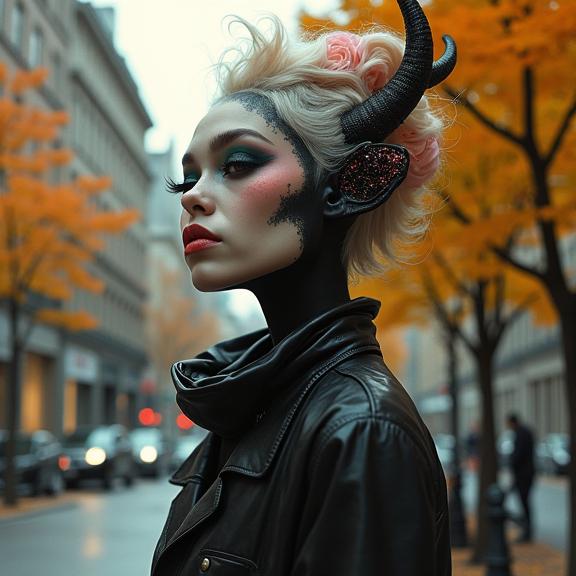 by Kiyoji tsuji and Malcolm Liepke and Jamie Hewlett , photograph, autumn city street and Dwarf Planet Eris in background, majestic