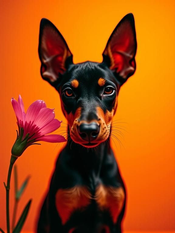 photograph, surreal, POV shot of a Cool Functional Doberman Pinscher Puppy with Familiar parts, centered fluorescent orange background