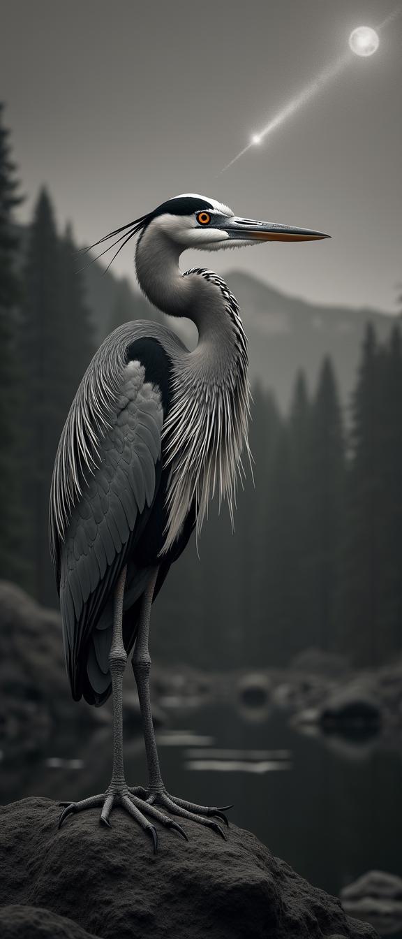 photograph, surreal, Portrait of a Foolish Enigmatic Grey Heron , from inside of a Sublime University