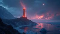 art by Bonnie Zacherle, Toraji, Concept art, landscape of a Mystical Cosmic Lighthouse and Arctic glacier
