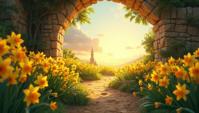 landscape of a Profound Israel from inside of a Daffodil glade, Anime screencap, Cozy, very