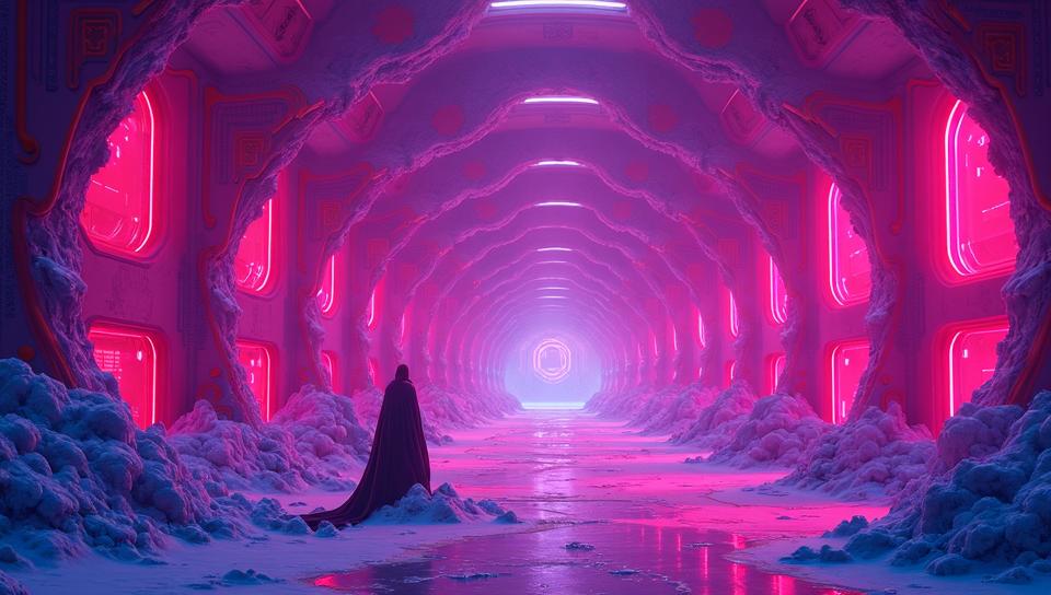 landscape of a Neat Cryogenic Lab, Illustration, Fuchsia color grading, octane engine