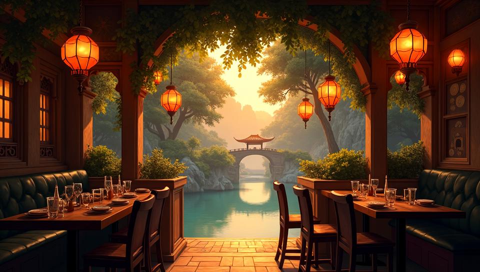 landscape of a Tasteful Oasis from inside of a tavern, Yume Kawaii, studio lighting, Depth of field mm