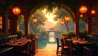 landscape of a Tasteful Oasis from inside of a tavern, Yume Kawaii, studio lighting, Depth of field mm