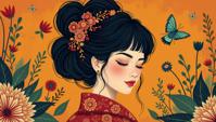 folk art depiction of Girl, the Girl is lowborn, Trendy hairstyle, traditional