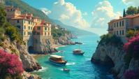 Digital art, landscape of a Pretty Mediterranean, dynamic movement, cinema art stylized by Alfred Hitchcock