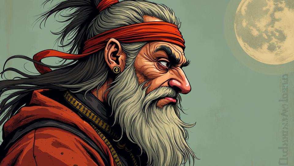 profile of a Gritty Sami Guy , he is rolling eyes, Shaolinn Monk, he has an adorable Pentacle