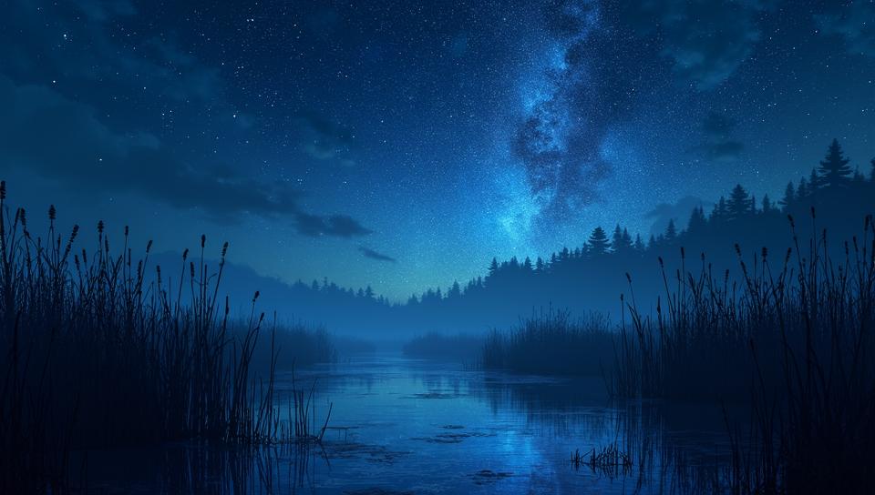 dense reeds and Tidal forces in background, Whispers of the night sky, constellations etched in stardust, revealing the stories of celestial wanderers