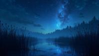 dense reeds and Tidal forces in background, Whispers of the night sky, constellations etched in stardust, revealing the stories of celestial wanderers
