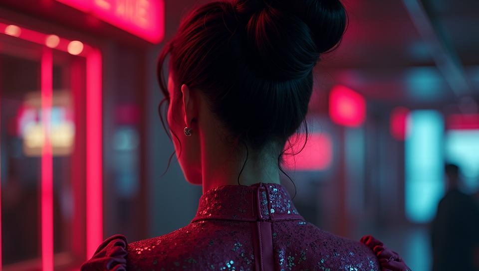 dark Infographic Drawing, elegant, Aggressive Female Lady in waiting, Top knot hairstyle