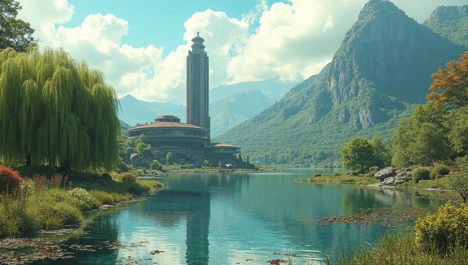 Scottish pond, intricate details, landscape of a Subspace Communications Center and Willow tree, Visual novel