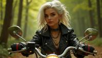 stylized by William Whitaker, fantasy art, tall Sister , driving a Harley Davidson