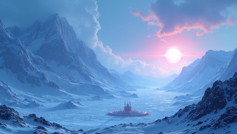landscape of a Masterpiece Mysterious Glacial Basin Qarth and Space colony on another planet, winter background, Sci Fi, vibrant