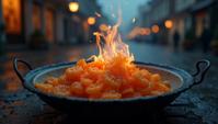 film noir style, Icy Luminous traditional Viking Stir fry mustard , street in background, Very wide view