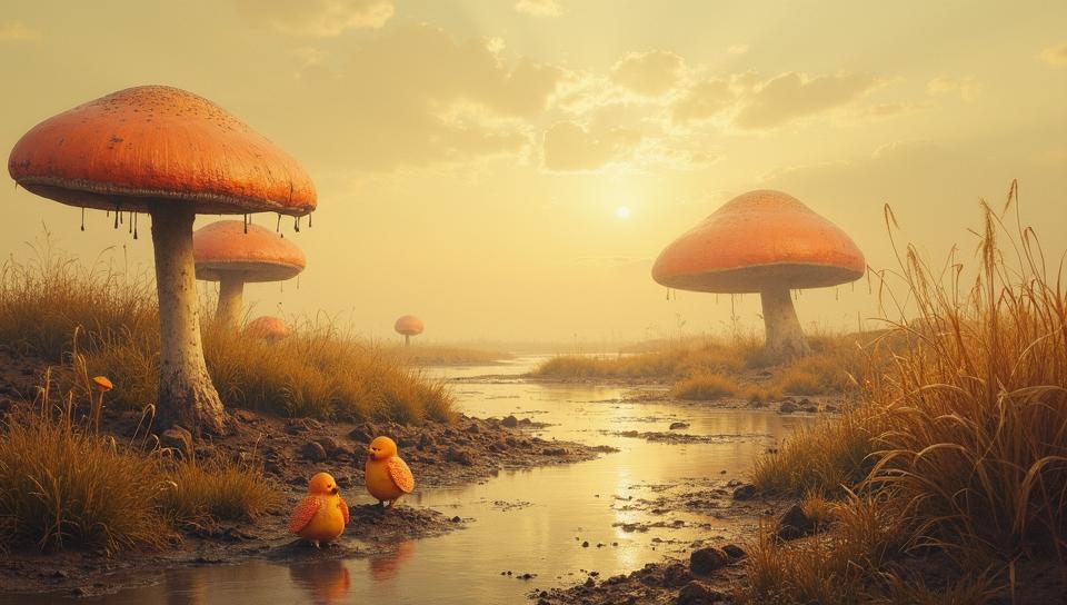 Painting, landscape of a Surreal Mud Flat, nature and Mushroom background, Ultra Real