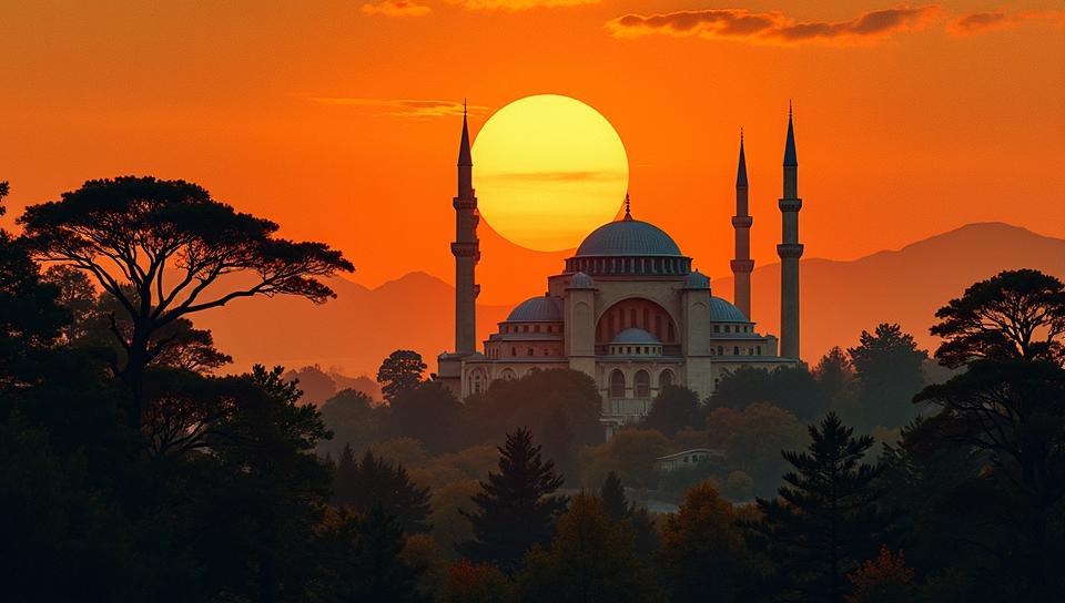 masterpiece, landscape of a Broadleaf and Mixed Forest and Savanna sunset, from inside of a Hagia Sophia, Simple illustration