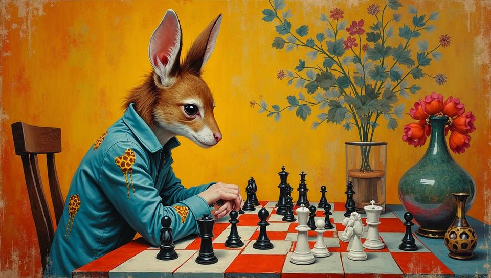 whimsical art designed by Beatrix Potter , children s illustration art, Nasty skinny Guy , he is Playing chess