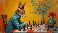whimsical art designed by Beatrix Potter , children s illustration art, Nasty skinny Guy , he is Playing chess