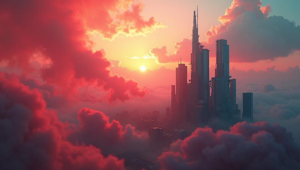 Color splash, landscape of a Sci fi Magnificent Smoggy Network Hub, Sunny, Light