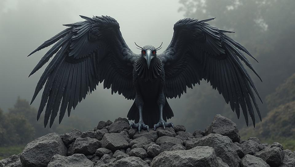 sculpture art by Adam Martinakis and Hans Haacke , On pale black paper, monster Black Stork, Very wide view