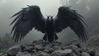 sculpture art by Adam Martinakis and Hans Haacke , On pale black paper, monster Black Stork, Very wide view