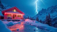 Distinctive Cute Nightclub, covered in Ice, at Odious Rocky Mountains, Thunderstorm