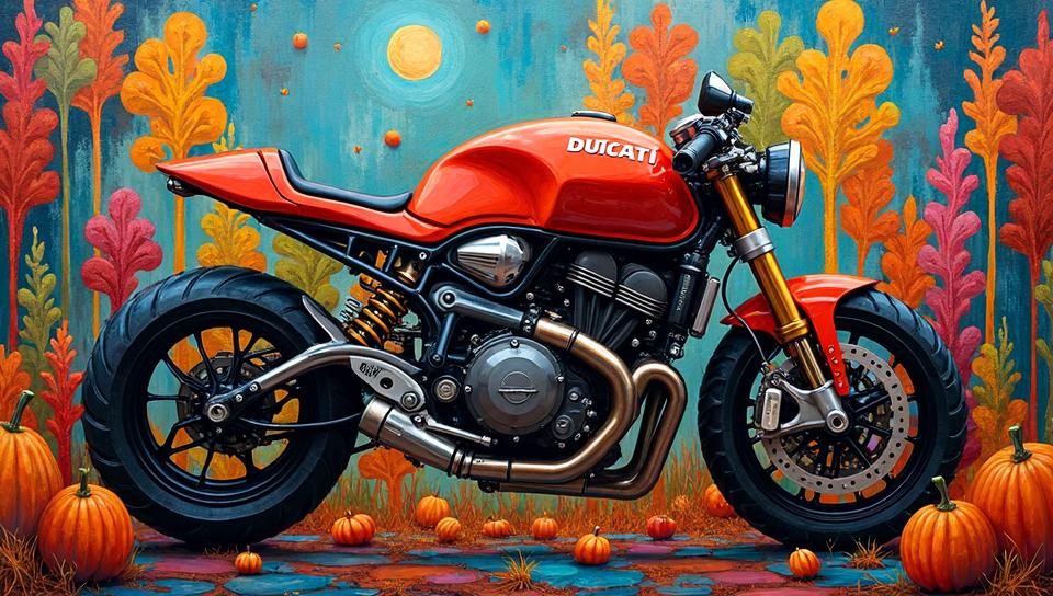 geometric and lyrical abstraction painting presenting, fall garden, intricate details, Cyborg Ducati