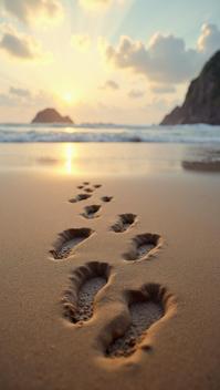 fairy tale, intricate background, Footprints on the beach, imprints of fleeting moments