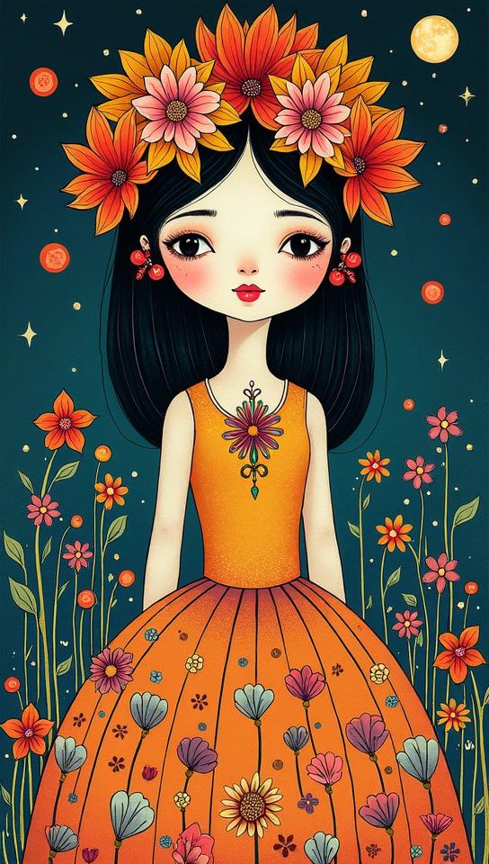 detailed art stylized by Jean Baptiste Monge, Kalighat painting, Flirty Junoesque Daisy , it is covered in Seashells