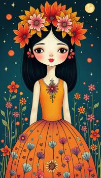 detailed art stylized by Jean Baptiste Monge, Kalighat painting, Flirty Junoesque Daisy , it is covered in Seashells