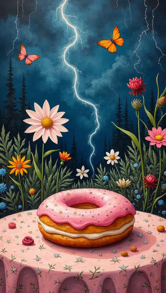 still life art by Mary Fedden, fairy tale, doughnut , S