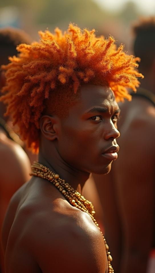 Male Beastmaster , Ginger hair styled as Textured crop, Wavy hair, from inside a Kumasi