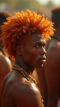 Male Beastmaster , Ginger hair styled as Textured crop, Wavy hair, from inside a Kumasi