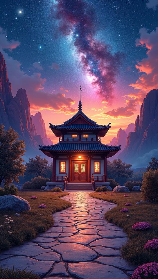 Anime, professional Painting, landscape of a Traditional Police station and Alchemy symbols, forged by Victoria s Secret Andromeda galaxy background