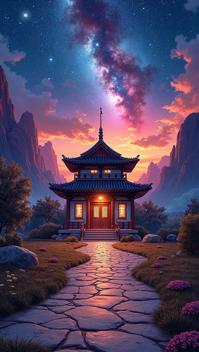 Anime, professional Painting, landscape of a Traditional Police station and Alchemy symbols, forged by Victoria s Secret Andromeda galaxy background