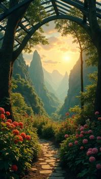 art by Andy Fairhurst, Emil Carlsen, landscape of a Overgrown Starry Vale Crystalcliff Town of the Shimmering Peaks from inside of a Greenhouse, Crepuscular Rays