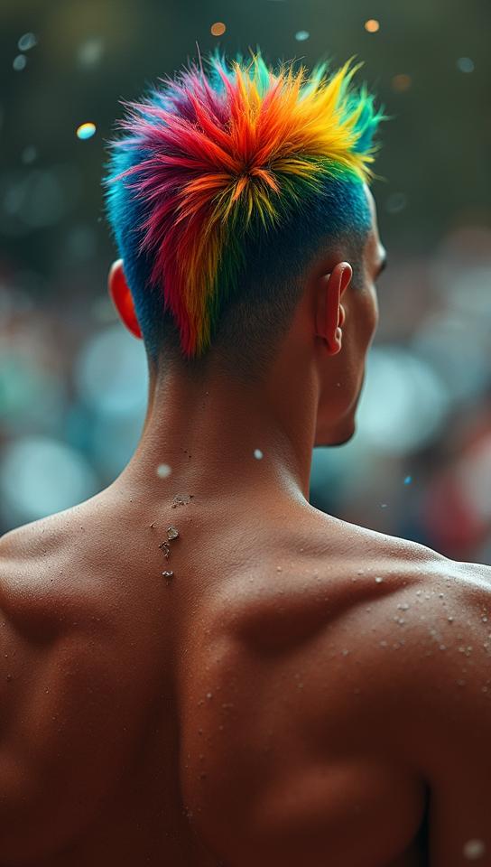 bauhaus art stylized by Anni Albers and Ilya Mashkov , shot from behind of a Fascinating athletic Fighting type Superman , Rainbow hair styled as Shaved sides, Sharp and in focus