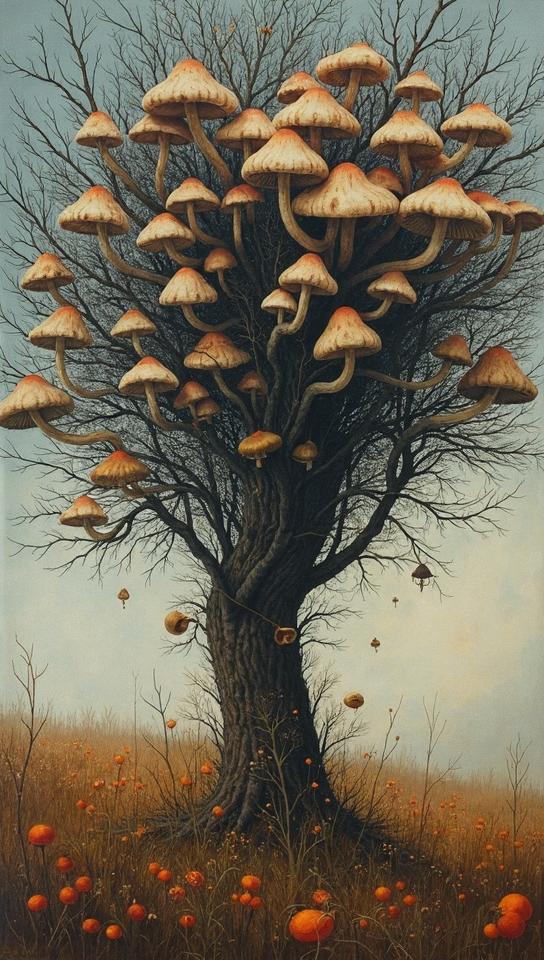 Pastels artwork, Geeky Oak tree Wild mushroom patch , ultrafine detailed, Expressionism