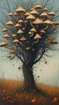 Pastels artwork, Geeky Oak tree Wild mushroom patch , ultrafine detailed, Expressionism