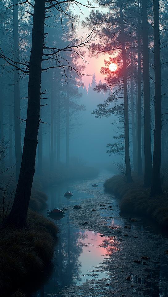 Cinematic still, landscape of a Wonderful Aesthetically Pleasing Venice Banff and Mystic forest, at Twilight, Realistic