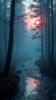 Cinematic still, landscape of a Wonderful Aesthetically Pleasing Venice Banff and Mystic forest, at Twilight, Realistic