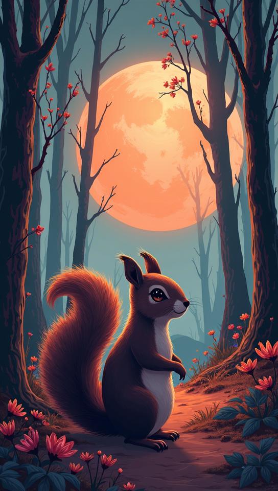 trees and Martian surface in background, pokemon style Squirrel, Bokeh, Illustration