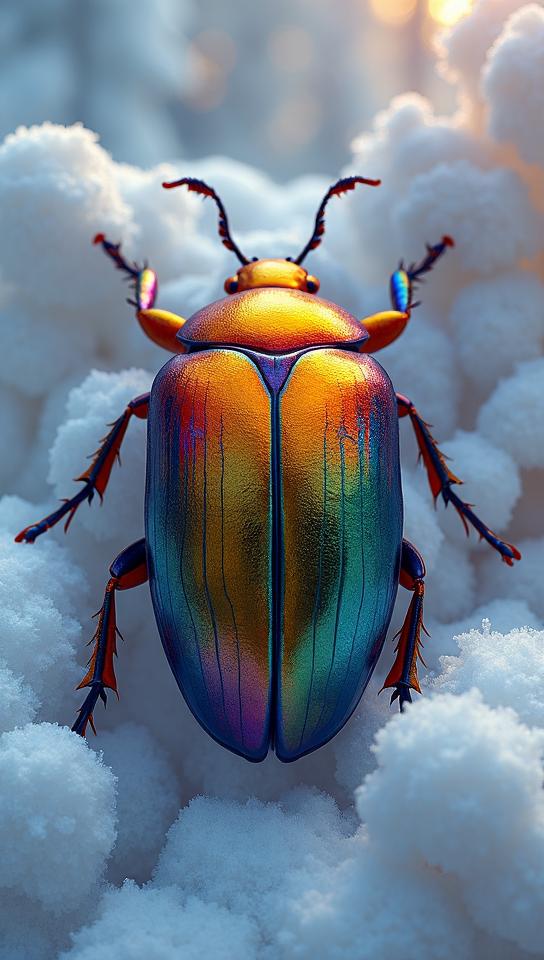 Aesthetic Rainbow Leaf Beetle, concept art, Winter, equirectangular