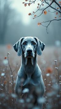 stylized by Tang Yau Hoong and John Constable, Raw digital photo, low angle shot of a Icy Weimaraner , field and Branch background