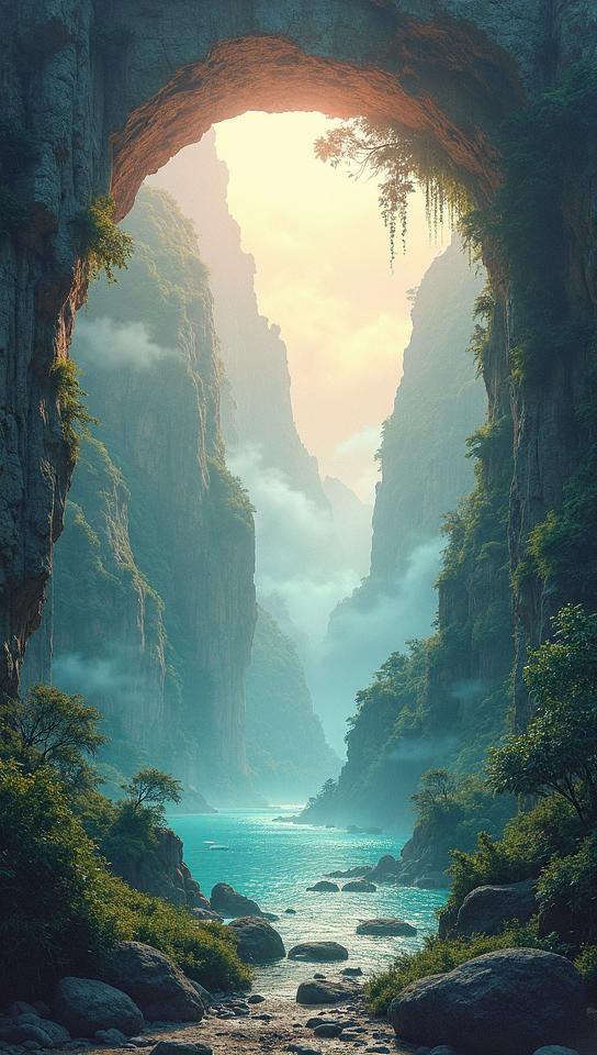 art by Andreas Achenbach, landscape art, Drawing, landscape of a Otherworldly Fjord from inside of a Chichen Itza