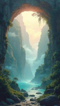 art by Andreas Achenbach, landscape art, Drawing, landscape of a Otherworldly Fjord from inside of a Chichen Itza