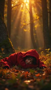 knee level shot of a Glowing Islamic Aubrey Plaza Little Red Riding Hood , Little Red Riding Hood is Laying down, dark art by John Constable , Anime screencap