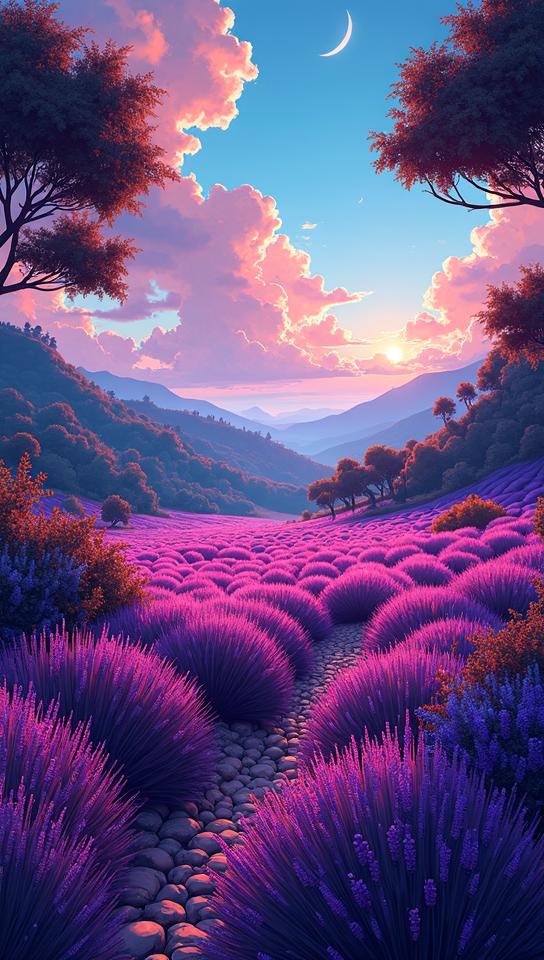 comics art by Greg Rucka , Game art, landscape of a Shillong and Lavender field, indoors in background