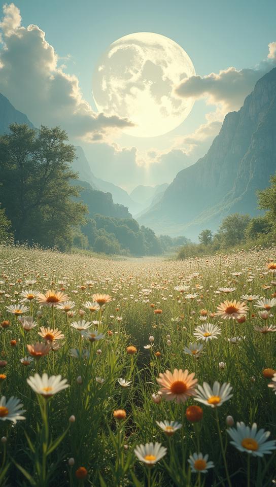 landscape of a Tranquil Moonwhisper Hamlet of the Silver Echoes, inside a Primordial flower field, ultrafine detailed, macro lens